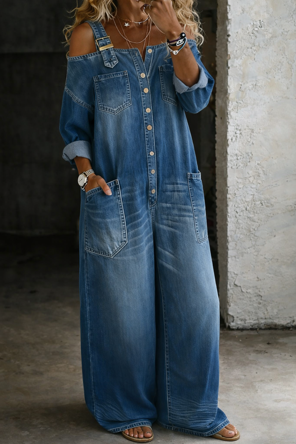 Sophia denim-jumpsuit med off-shoulder-halsringning – vy 4