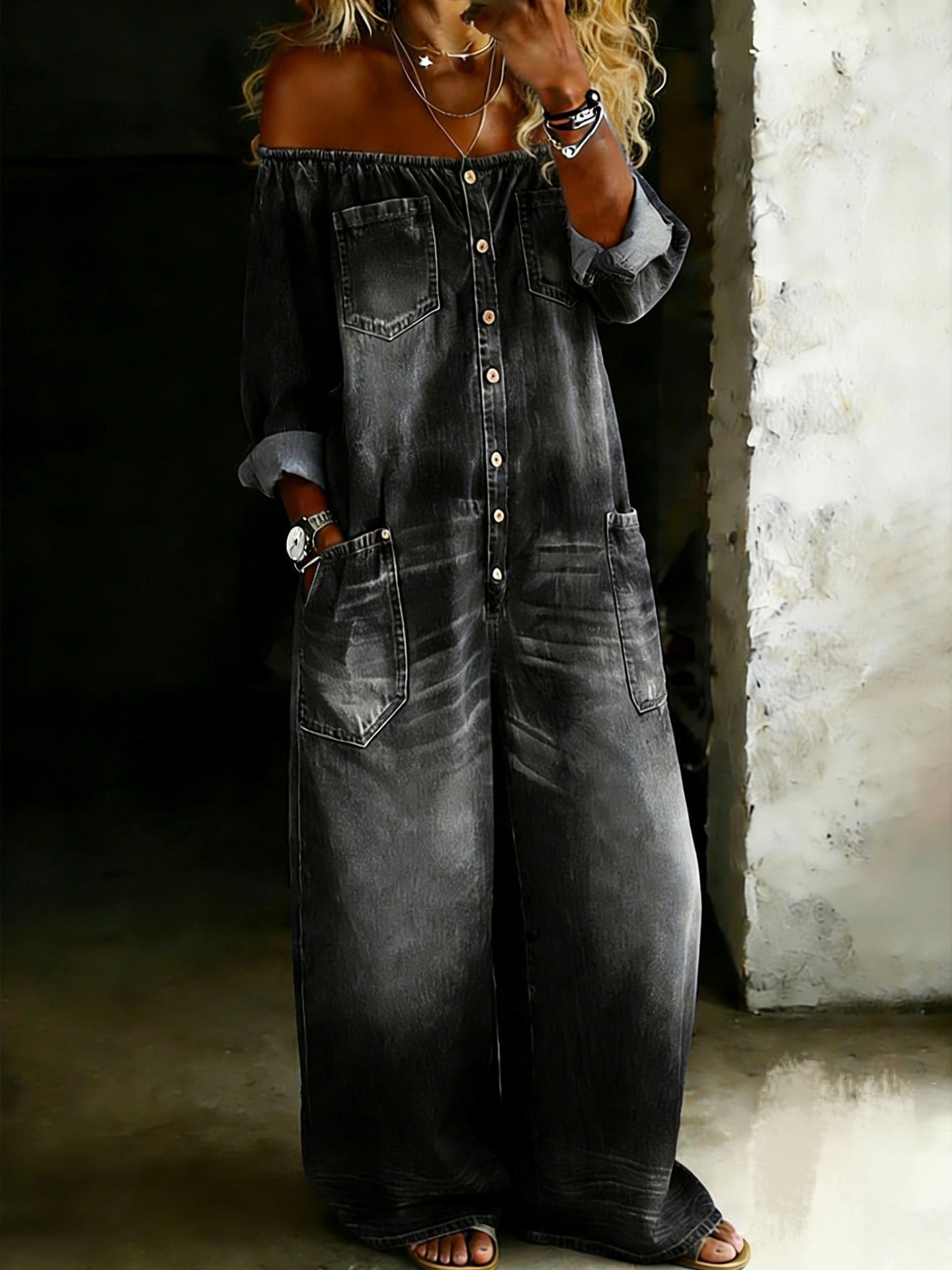 Elena denim-jumpsuit med off-shoulder – vy 5