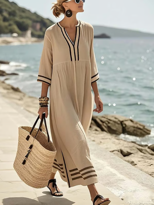Lång linneklänning med kontrastdetalj – vy 9