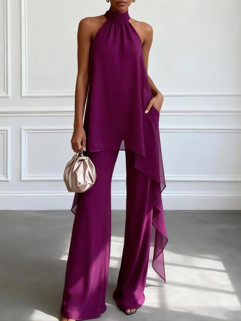 Lila zweiteiliges Set mit elegantem ärmellosem Halterneck-Top und Hose