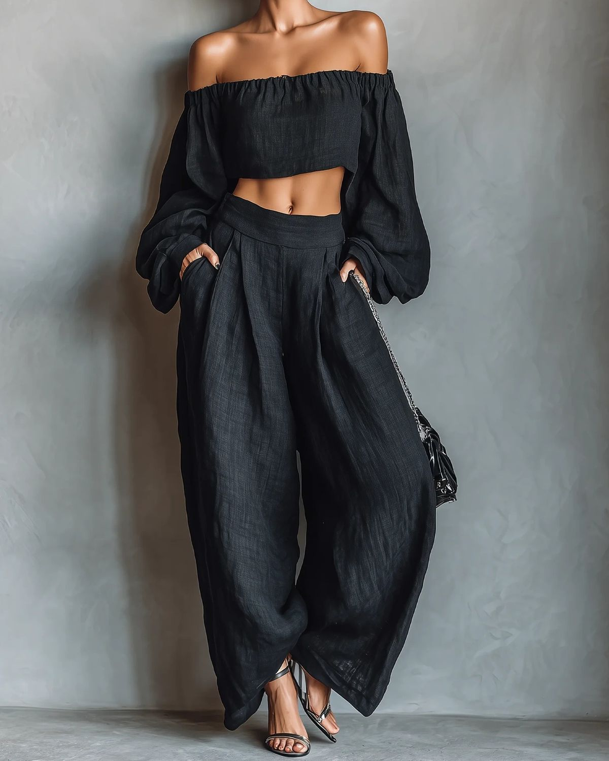 Aisha | Set mit trägerlosem Top aus Leinenmix und weiter Hose