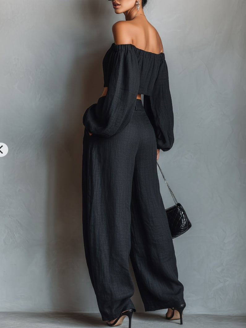 Aisha | Set mit trägerlosem Top aus Leinenmix und weiter Hose