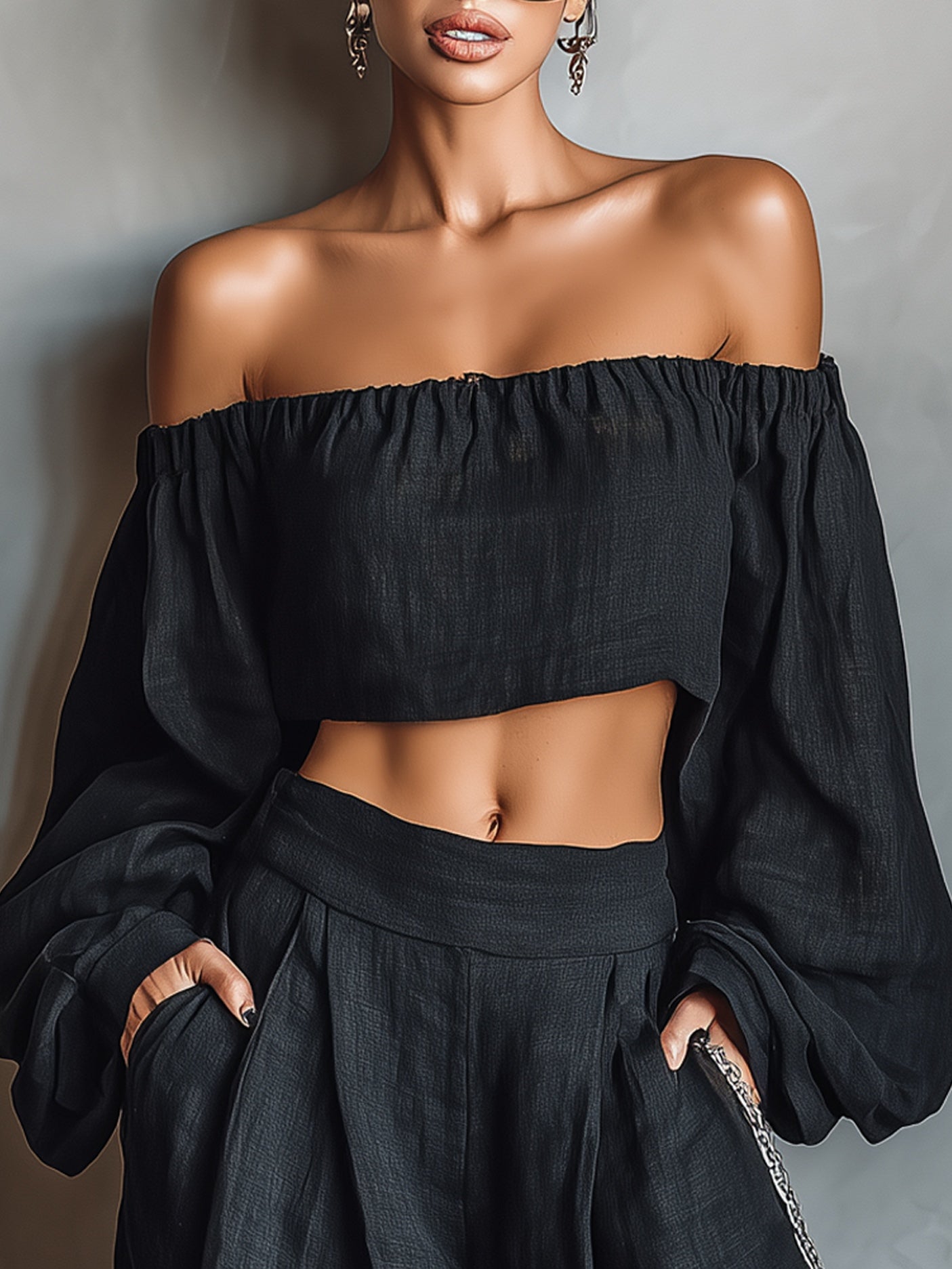 Aisha | Set mit trägerlosem Top aus Leinenmix und weiter Hose