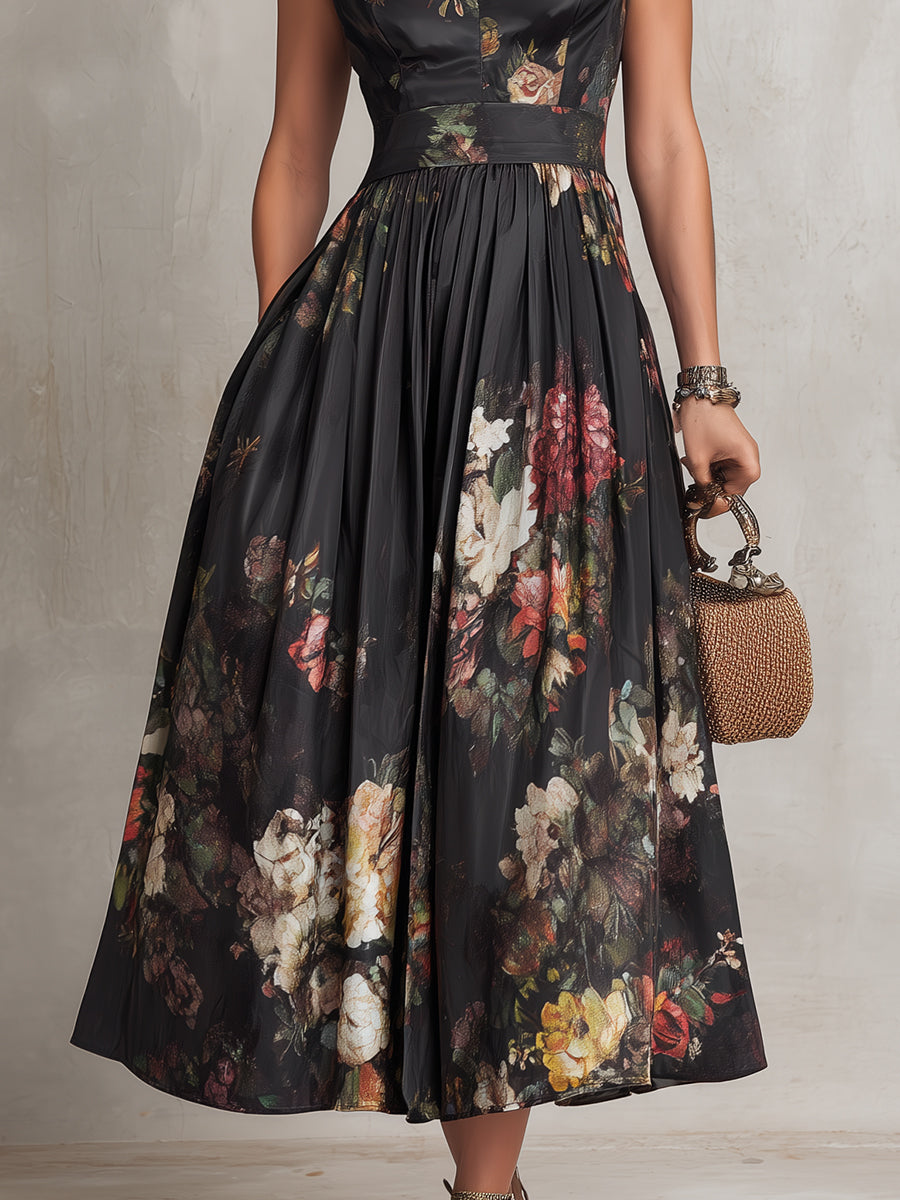 Schwarzes plissiertes Satin-Midikleid mit Schlüssellochausschnitt und Blumenmuster