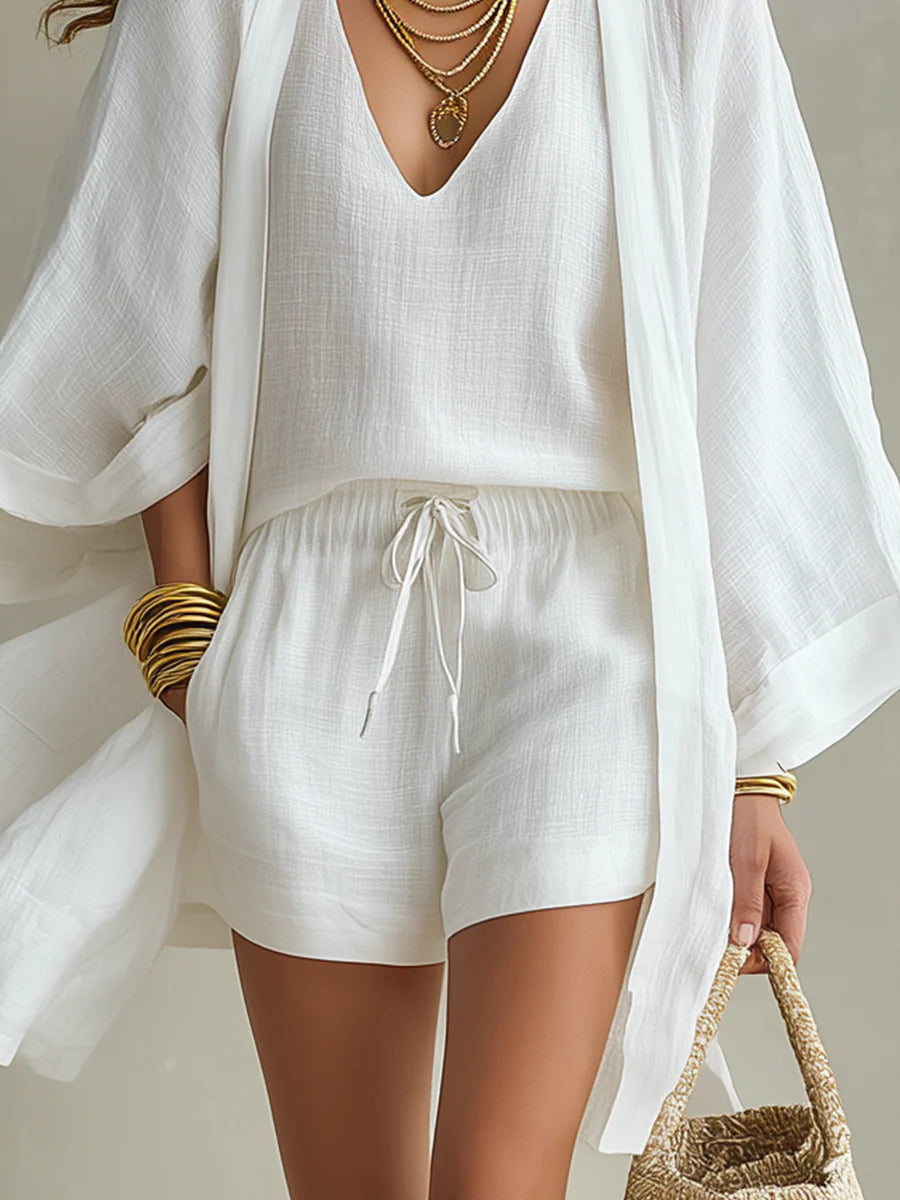 Camila | Dreiteiliges Set aus Polyester-Leinen mit Strickjacke und Shorts