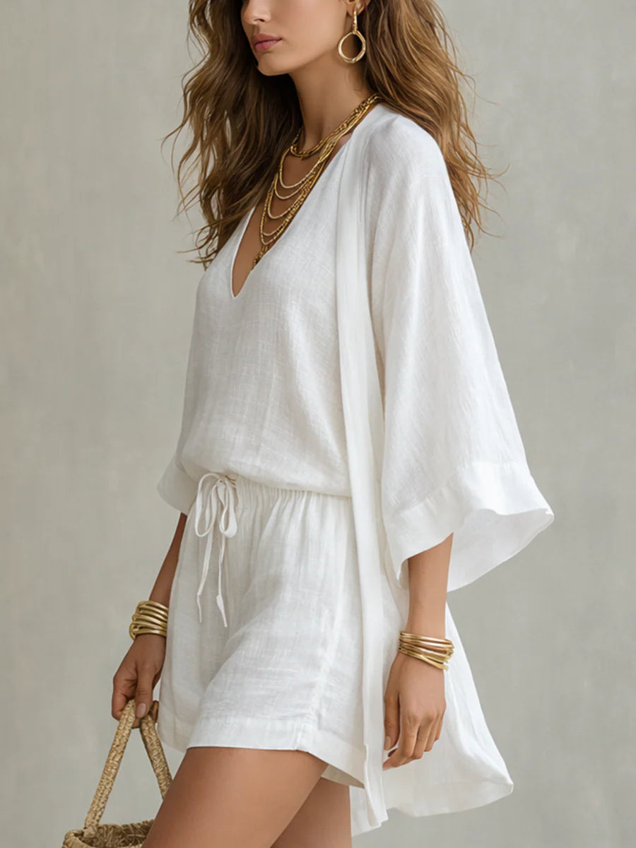 Camila | Dreiteiliges Set aus Polyester-Leinen mit Strickjacke und Shorts