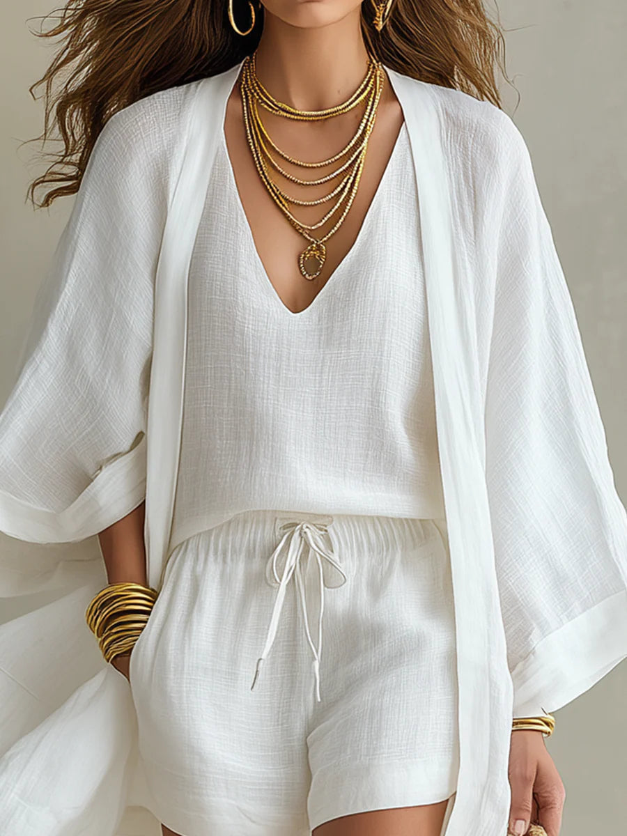 Camila | Dreiteiliges Set aus Polyester-Leinen mit Strickjacke und Shorts