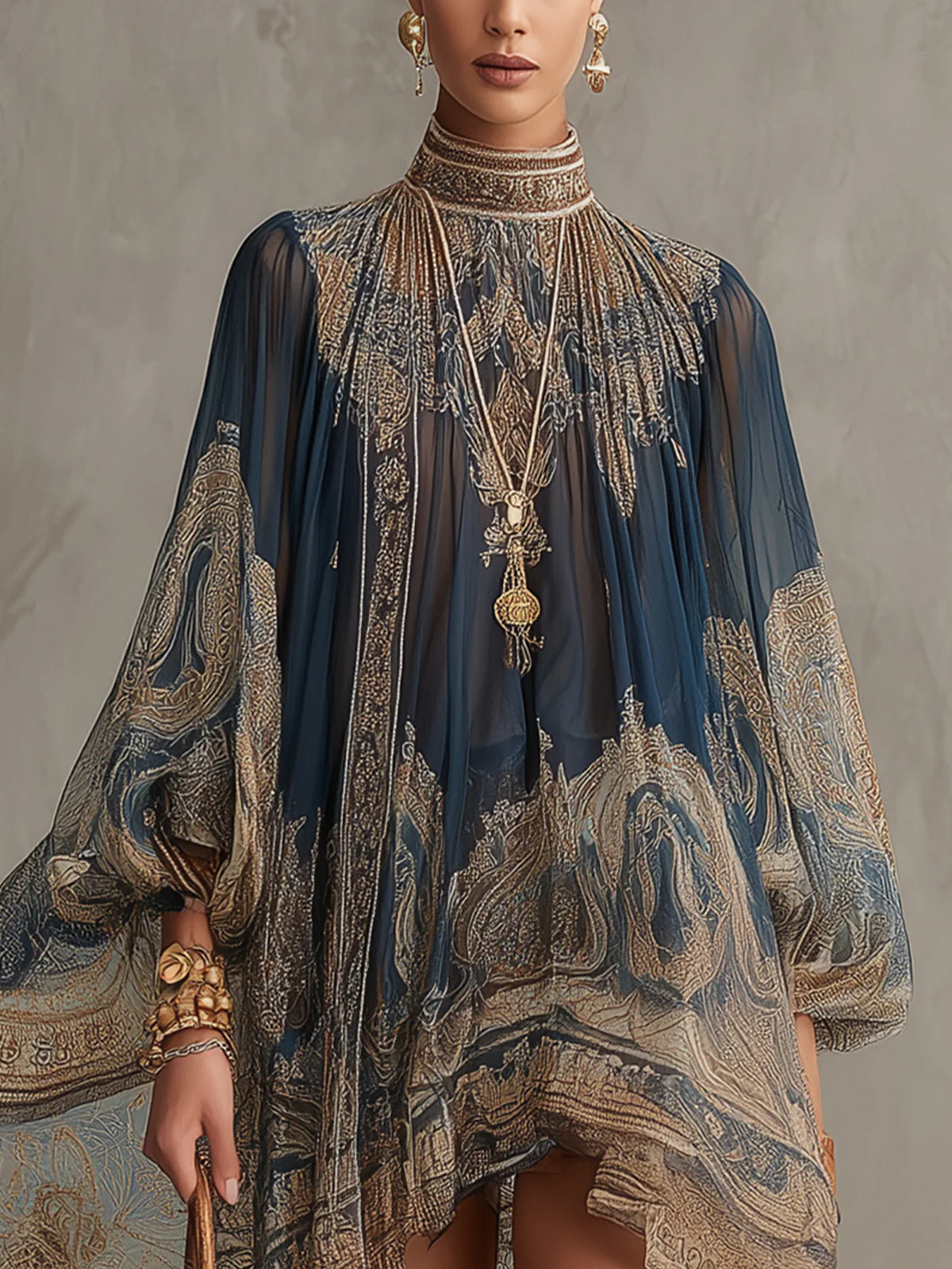 Marineblaues Chiffon-Minikleid mit hohem Kragen, Barockmuster und asymmetrischem Saum