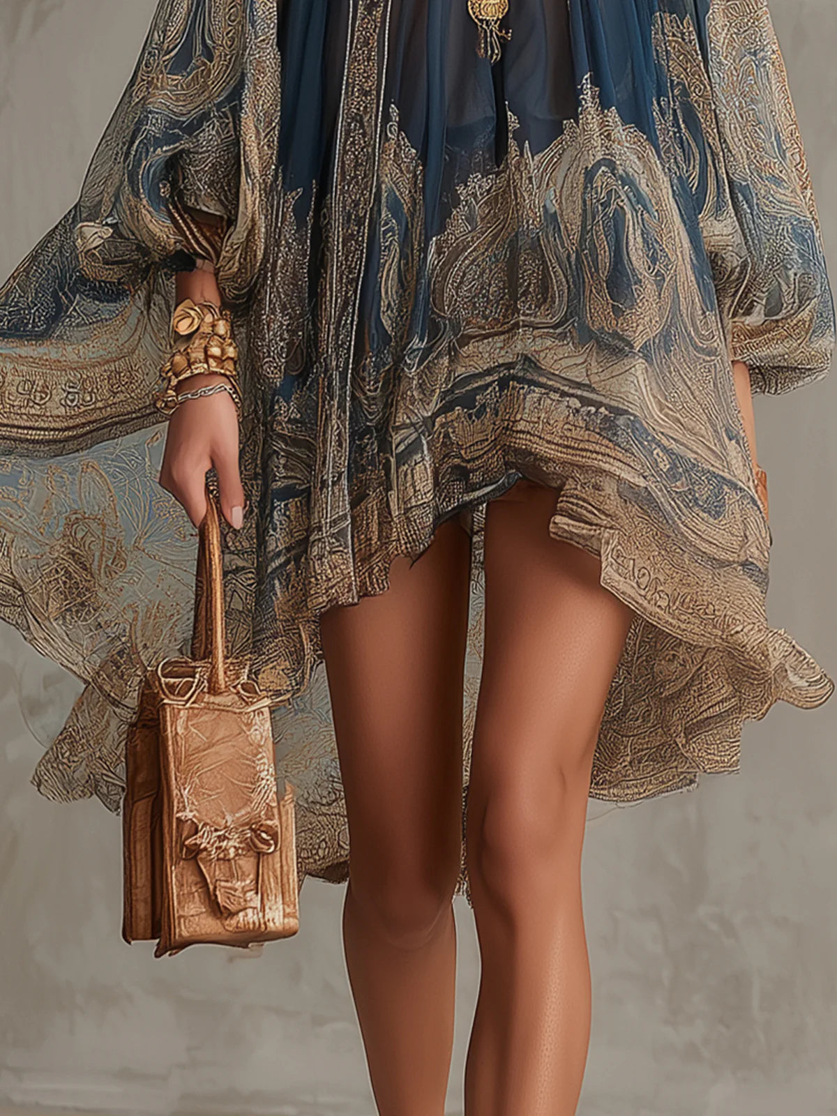 Marineblaues Chiffon-Minikleid mit hohem Kragen, Barockmuster und asymmetrischem Saum