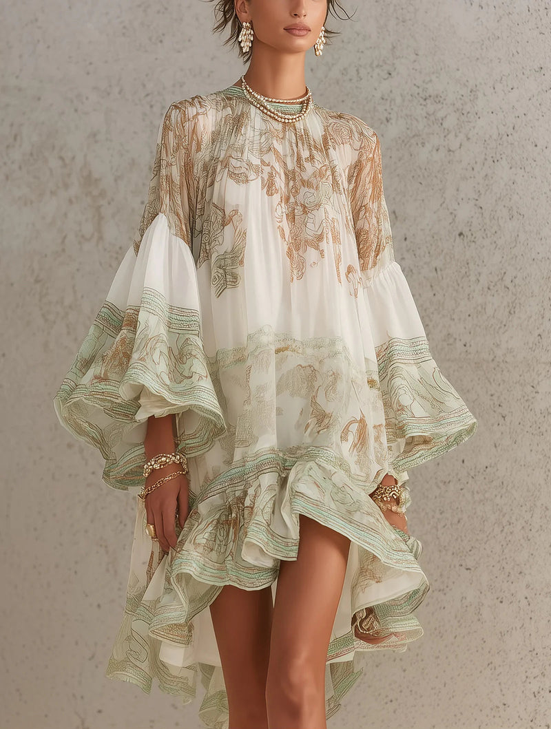 Grün gemustertes Chiffon-Minikleid mit Volantärmeln und Volantsaum