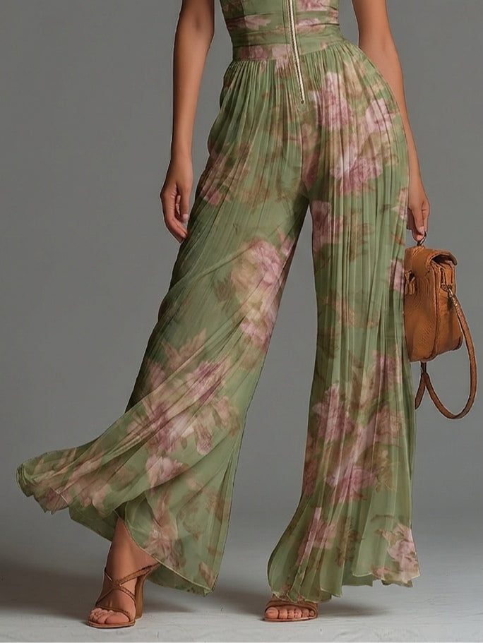 Grüner ärmelloser Chiffon-Jumpsuit mit Blumenmuster, V-Ausschnitt, Reißverschluss und weitem Bein