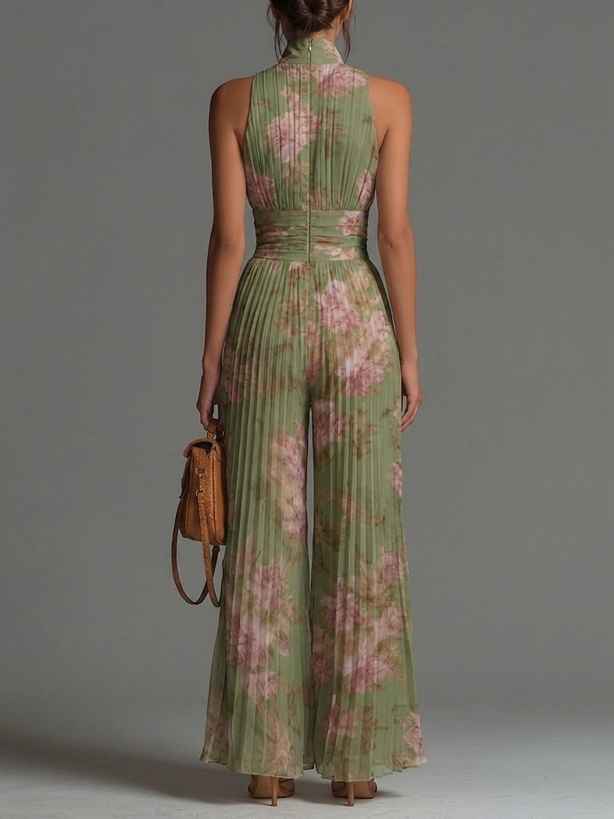 Grüner ärmelloser Chiffon-Jumpsuit mit Blumenmuster, V-Ausschnitt, Reißverschluss und weitem Bein