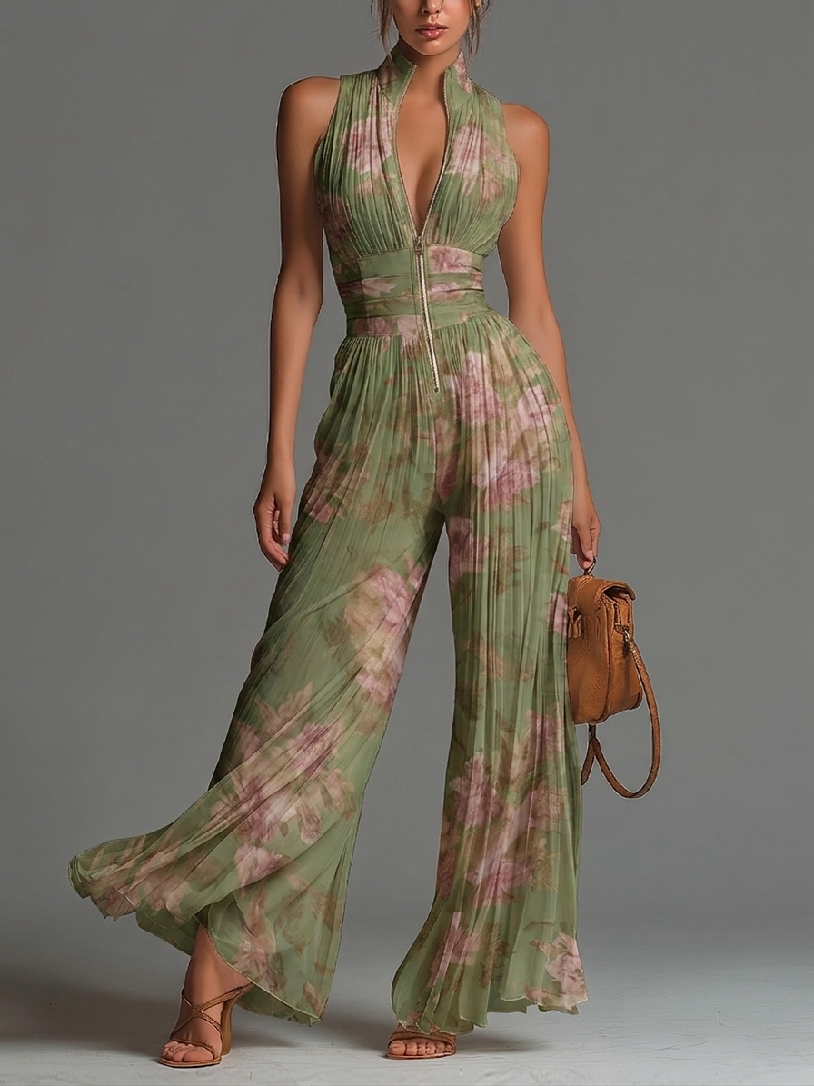Grüner ärmelloser Chiffon-Jumpsuit mit Blumenmuster, V-Ausschnitt, Reißverschluss und weitem Bein