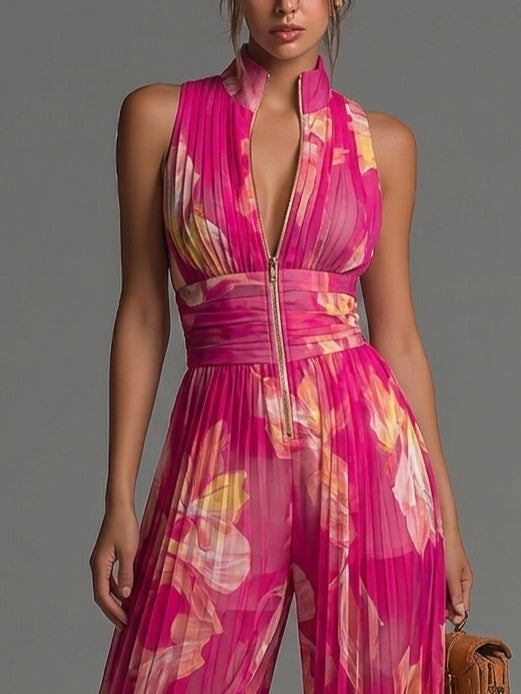 Cerisefarbener ärmelloser Chiffon-Jumpsuit mit Blumenmuster, Reißverschluss und weitem Bein