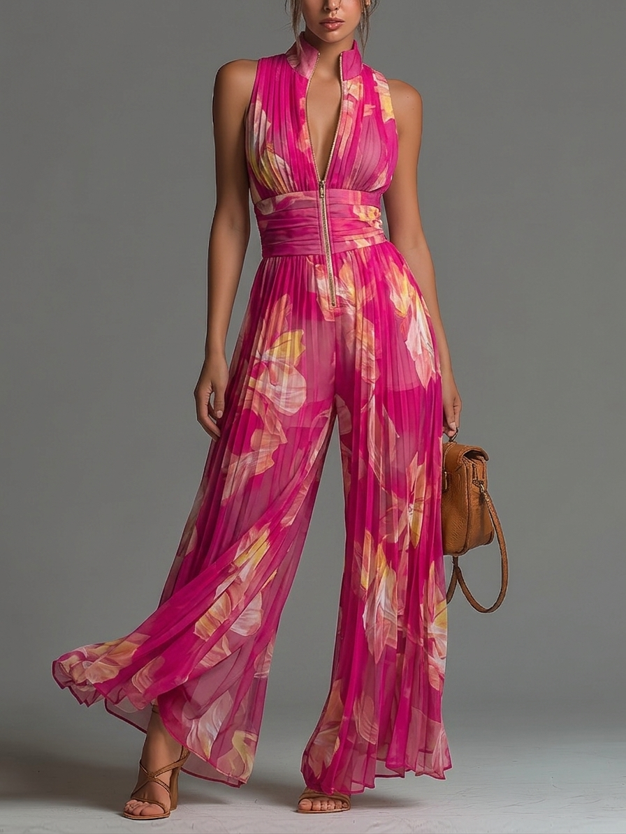 Cerisefarbener ärmelloser Chiffon-Jumpsuit mit Blumenmuster, Reißverschluss und weitem Bein