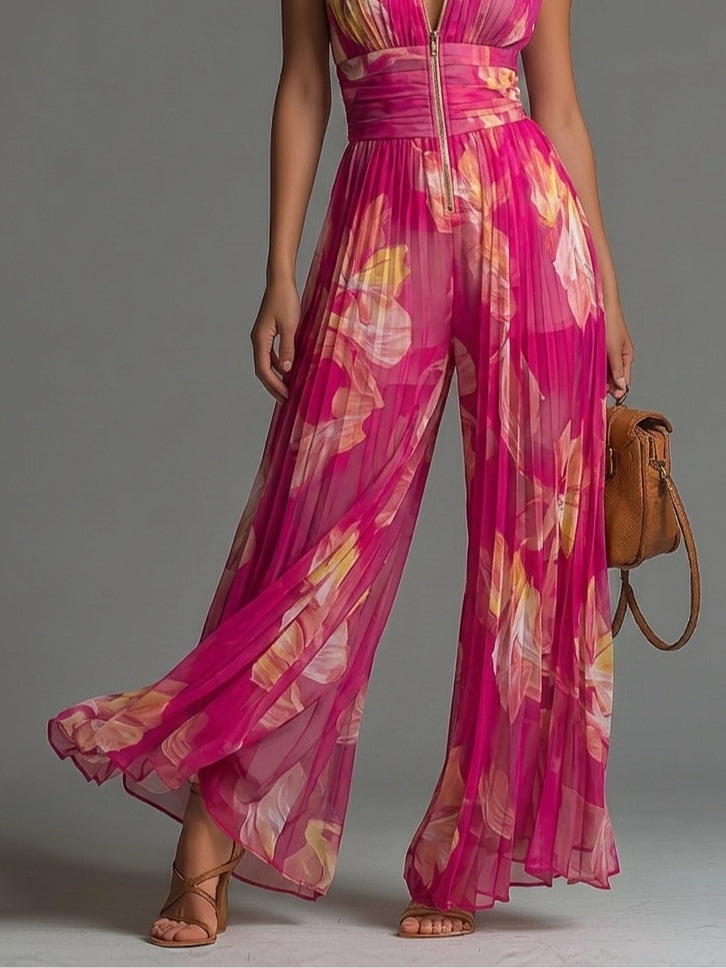 Cerisefarbener ärmelloser Chiffon-Jumpsuit mit Blumenmuster, Reißverschluss und weitem Bein