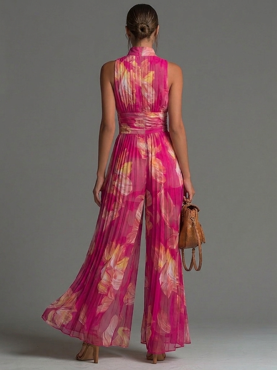 Cerisefarbener ärmelloser Chiffon-Jumpsuit mit Blumenmuster, Reißverschluss und weitem Bein