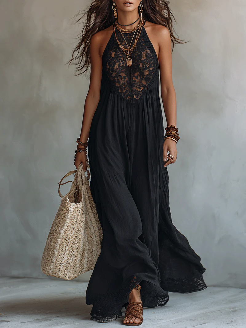 Boho-schwarzes ärmelloses Maxikleid mit Spitzendetails