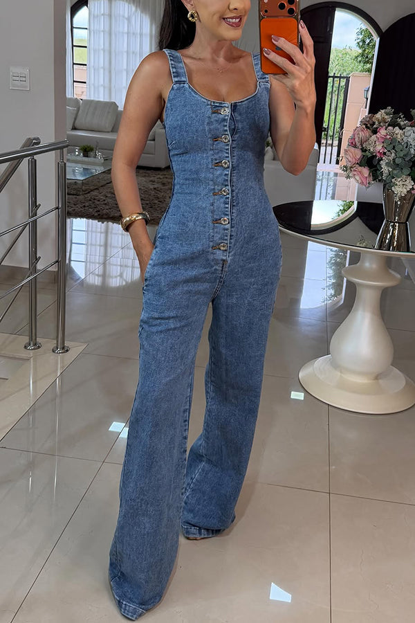 Heidi denim-jumpsuit med fyrkantig halsringning – vy 6