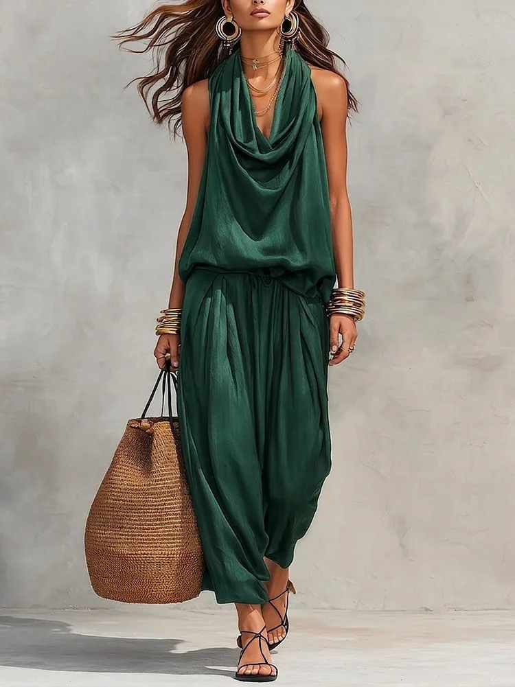 Maya | Set mit Halterneck-Top und plissierter weiter Hose
