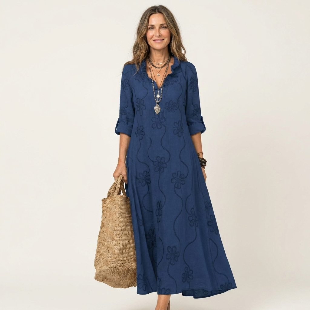 Mariam bomulls-linne maxiklänning med broderi – vy 23