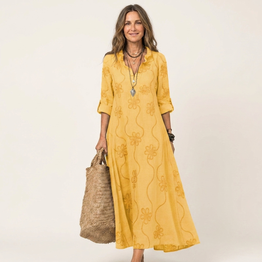 Mariam bomulls-linne maxiklänning med broderi – vy 29