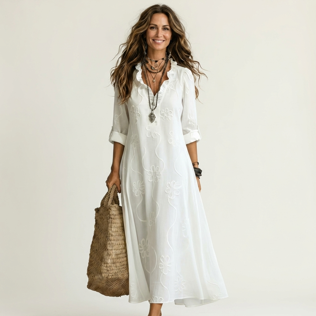 Mariam bomulls-linne maxiklänning med broderi – vy 11
